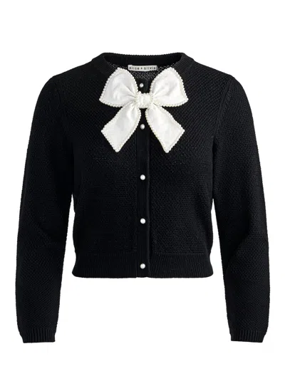 Alice And Olivia Dollie Wool Cardigan W/bow, Black/soft White In Brown