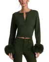 Alice And Olivia Dolly Wool Crewneck Cardigan Sweater In Green