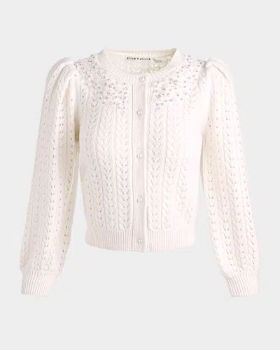 Alice And Olivia Doris Embellished Puff-sleeve Cardigan In White