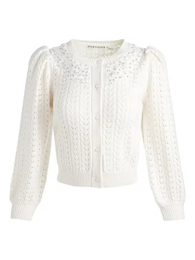 Alice And Olivia Doris Puff-sleeves Embellished Cardigan In White