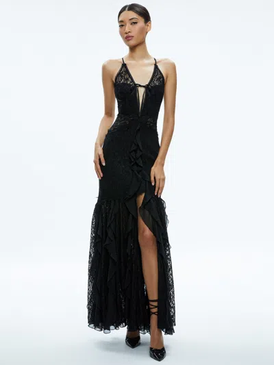 Alice And Olivia Edera Ruffle Lace Maxi Gown In Black