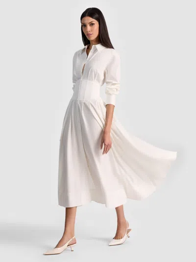 Alice And Olivia Edie Corset Button Down Midi Dress In White