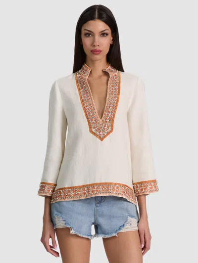 Alice And Olivia Eleonora Embellished Linen Tunic Top In White