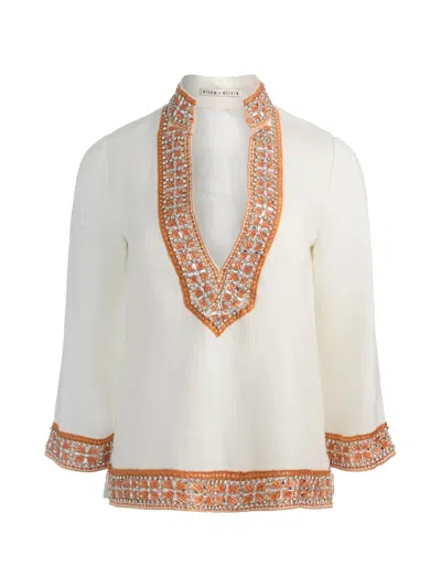 Alice And Olivia Eleonora Embellished Linen Tunic Top In White