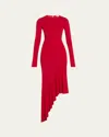 Alice And Olivia Elia Crewneck Asymmetrical Fitted Midi Dress In Bright Ruby
