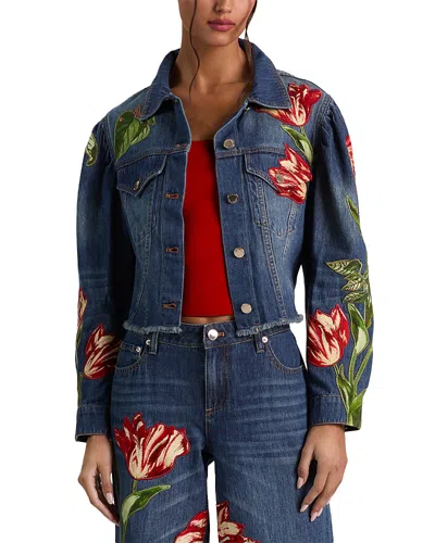 Alice And Olivia Elijah Embroidered Applique Jacket In Freyja Blue/soft Tulip
