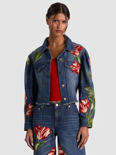 Alice And Olivia Elijah Embroidered Denim Jacket In Blue