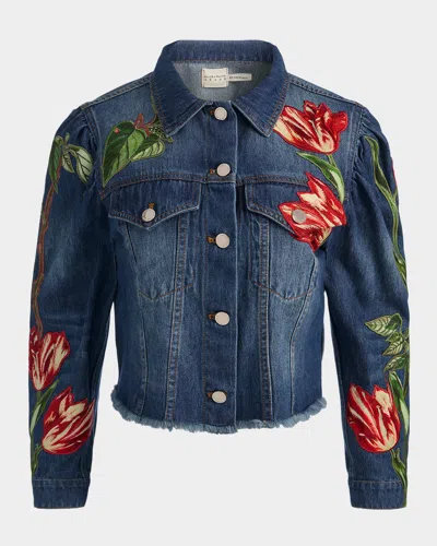 Alice And Olivia Elijah Floral Embroidered Denim Jacket In Blue