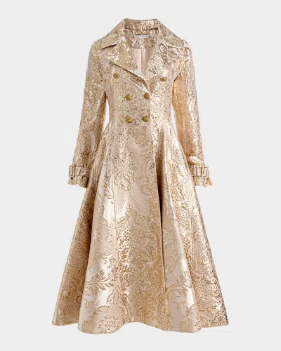 Alice And Olivia Ellie Metallic Brocade Godet Trench Coat In Gold