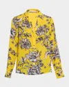 Alice And Olivia Eloise Blooming Wild Golden Button-front Silk Blouse In Yellow