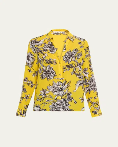 ALICE AND OLIVIA ELOISE BLOOMING WILD GOLDEN BUTTON-FRONT SILK BLOUSE