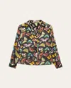 Alice And Olivia Eloise Button Down Blouse In Boundless Butterfly Black