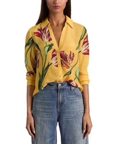 Alice And Olivia Eloise Button Front Silk Blouse In Soft Tulip Tuscany
