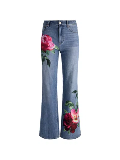 Alice And Olivia Chic High Rise Full Length Rose Print Jeans In Denver Bright Blue