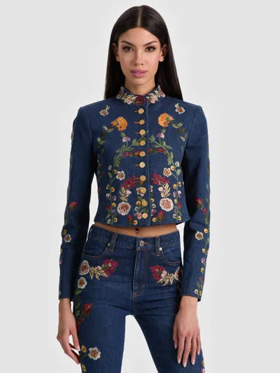 Alice And Olivia Emmerson Floral-embroidered Buttoned Denim Jacket In Blue