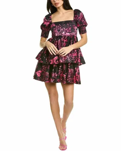 Alice And Olivia Emmalou Puff-sleeve Tiered Mini Dress In Pink Black