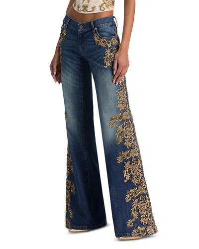 Alice And Olivia Emryn Embellished Ultra Low Rise Flare Jeans In Georgette Vintage In Blue