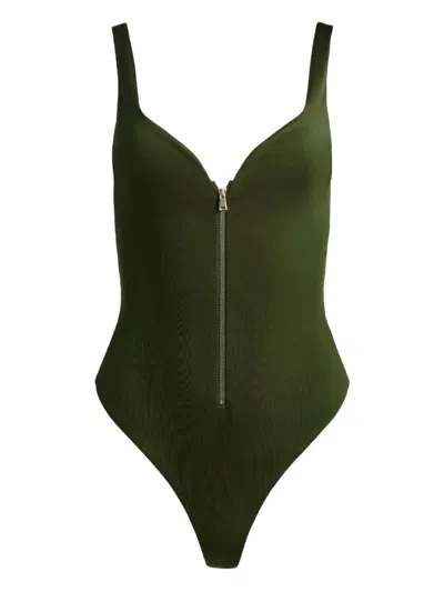 Alice And Olivia Eve Front-zip Jumpsuit In Green