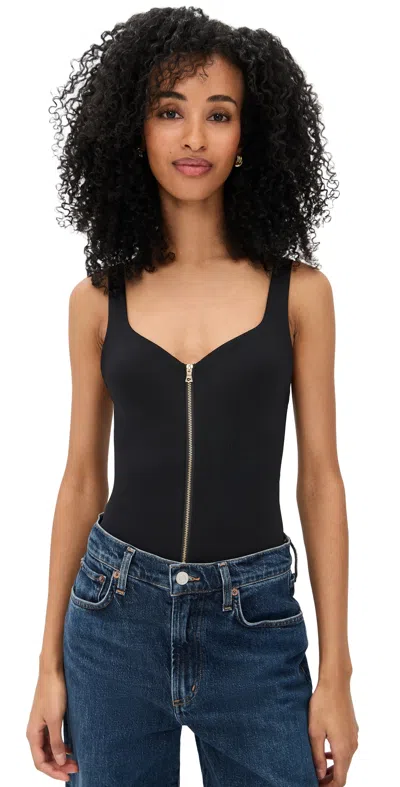 Alice And Olivia Eve Zip Front Thong Bodysuit Black In Blue