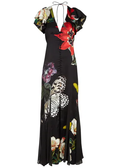 ALICE AND OLIVIA FARA FLORAL-PRINT SATIN MAXI DRESS