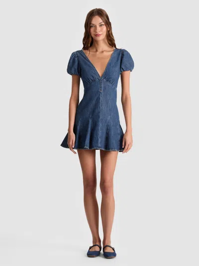 Alice And Olivia Fara Puff Sleeve Denim Mini Dress In Blue