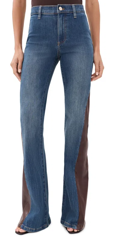 Alice And Olivia Faux Leather Godet Flare Jeans Georgetta Vintage Blue/dk Choc