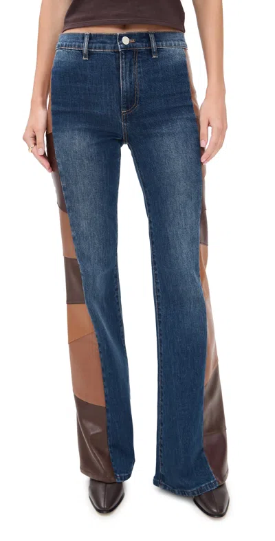 Alice And Olivia Faux Leather Patchwork Wide Leg Flare Jeans Darby Vintage Blue/toffee