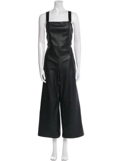 Pre-owned Alice And Olivia Faux Leather Square Neckline Jumpsuit In Black
