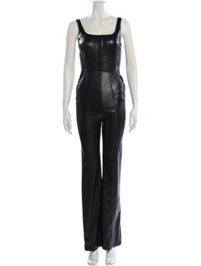 Pre-owned Alice And Olivia Faux Leather Square Neckline Jumpsuit In Black
