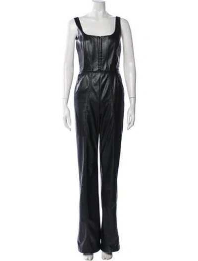Pre-owned Alice And Olivia Faux Leather Square Neckline Jumpsuit In Black