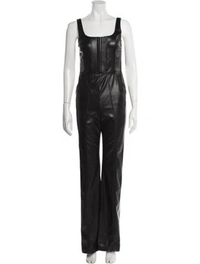 Pre-owned Alice And Olivia Faux Leather Square Neckline Jumpsuit W/ Tags In Black