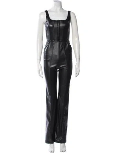 Pre-owned Alice And Olivia Faux Leather Square Neckline Jumpsuit W/ Tags In Black