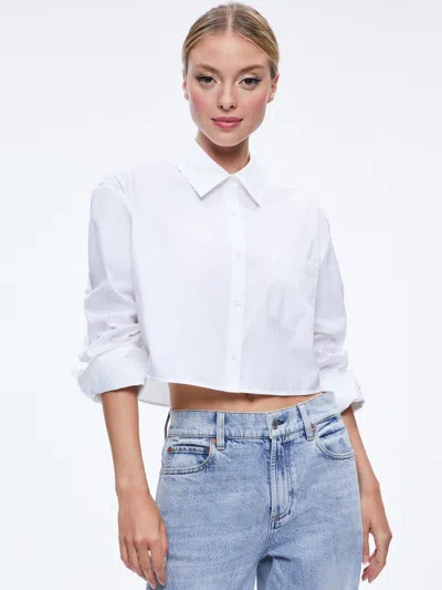 Alice And Olivia Finely Cropped Button Down In Off White