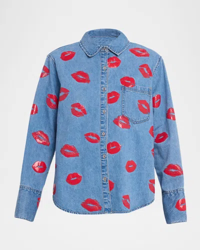 Alice And Olivia Finely Denim Lips Oversized Shirt In Blue