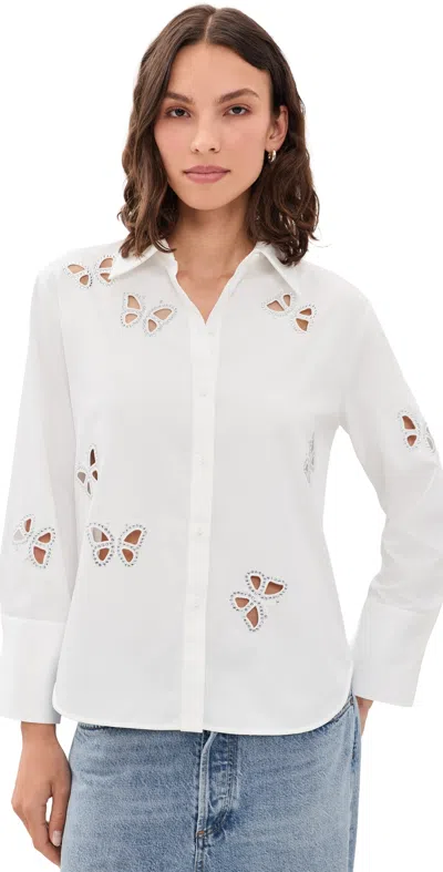 Alice And Olivia Finely Embellished Cutout Button Down Shirt Off White/silver Crystal