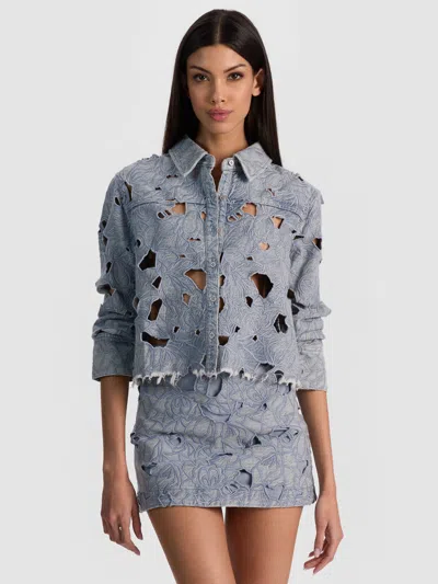 Alice And Olivia Finely Laser-cut Denim Shirt In Blue