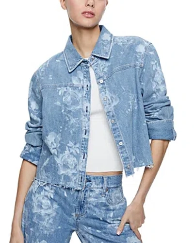 Alice And Olivia Floral Cropped Raw Hem Denim Jacket In Lotus Floral
