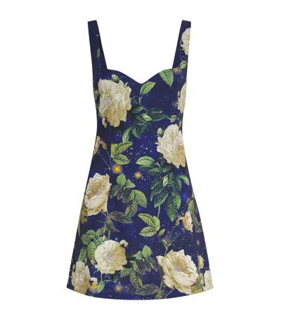 Alice And Olivia Floral Crystal-embellished Eve Mini Dress In Blue