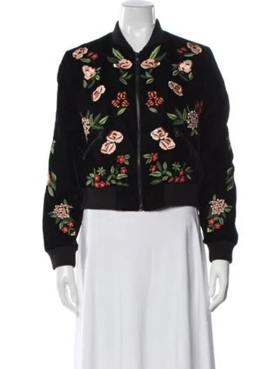 Pre-owned Alice And Olivia Floral Print Bomber Jacket In Black