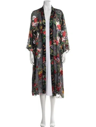 Pre-owned Alice And Olivia Floral Print Bow Accents Robe In Black