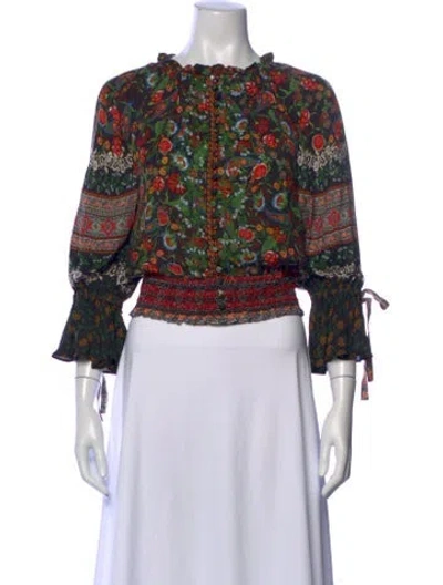 Pre-owned Alice And Olivia Floral Print Crew Neck Blouse In Black