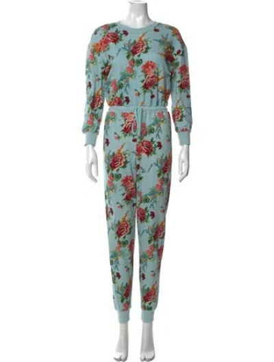 Pre-owned Alice And Olivia Floral Print Crew Neck Jumpsuit In Blue