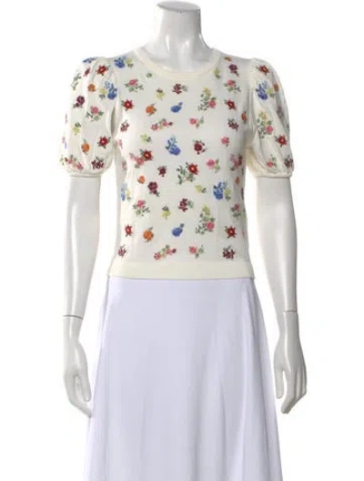 Pre-owned Alice And Olivia Floral Print Crew Neck Sweater In White