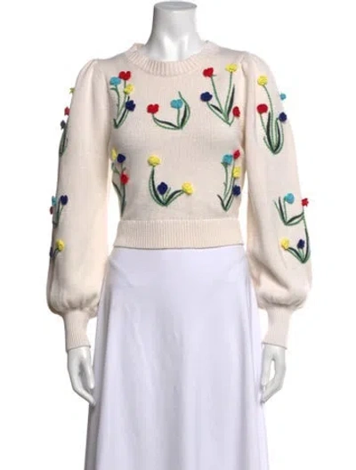 Pre-owned Alice And Olivia Floral Print Crew Neck Sweater In White