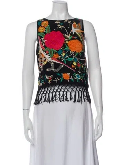 Pre-owned Alice And Olivia Floral Print Crew Neck Top In Black