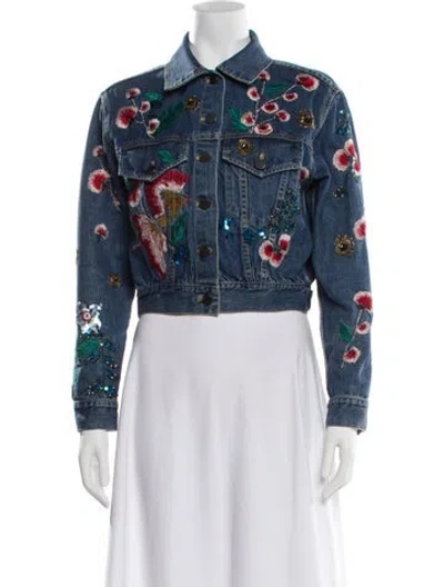 Pre-owned Alice And Olivia Floral Print Denim Jacket In Blue