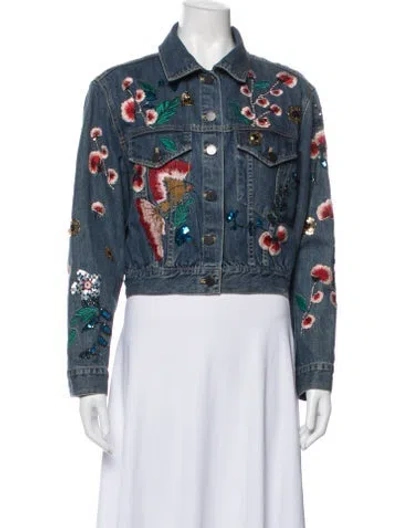 Pre-owned Alice And Olivia Floral Print Denim Jacket In Blue