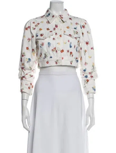 Pre-owned Alice And Olivia Floral Print Denim Jacket In White