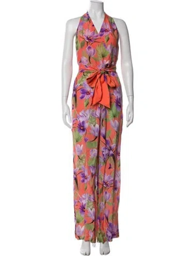 Pre-owned Alice And Olivia Floral Print Halterneck Jumpsuit W/ Tags In Orange