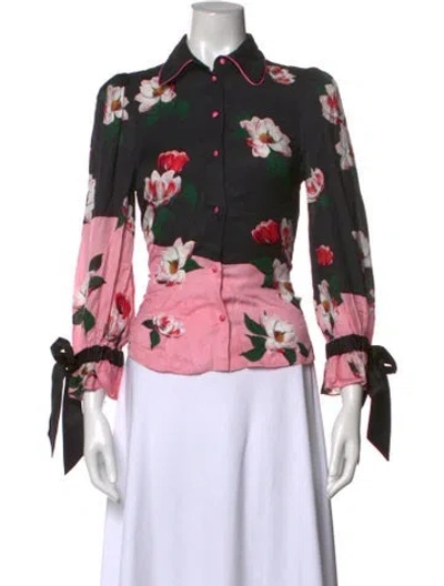 Pre-owned Alice + Olivia Floral Print Long Sleeve Blouse In Black/pink/red
